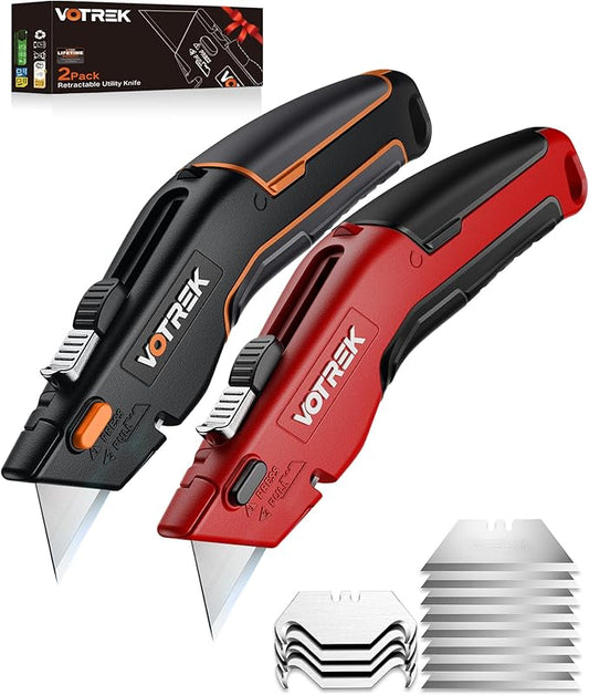 VOTREK® 2-Pack Box Cutter Utility Knife, [2-in-1] Retractable Box Cutter, Heavy Duty Safety Sharp Razor Knife for Home & Warehouse Cardboard, Carpet, [Blade Storage], with Extra Razor & Hook Blades