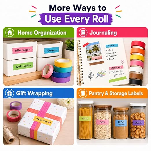 Colored Masking Tape 1 Inch, 12 Rolls, 12 Colors, 264 Total Yards | 12 colored tape rolls, 22 yd each, writable, easy to tear and remove, with a clear storage box for labeling and crafts