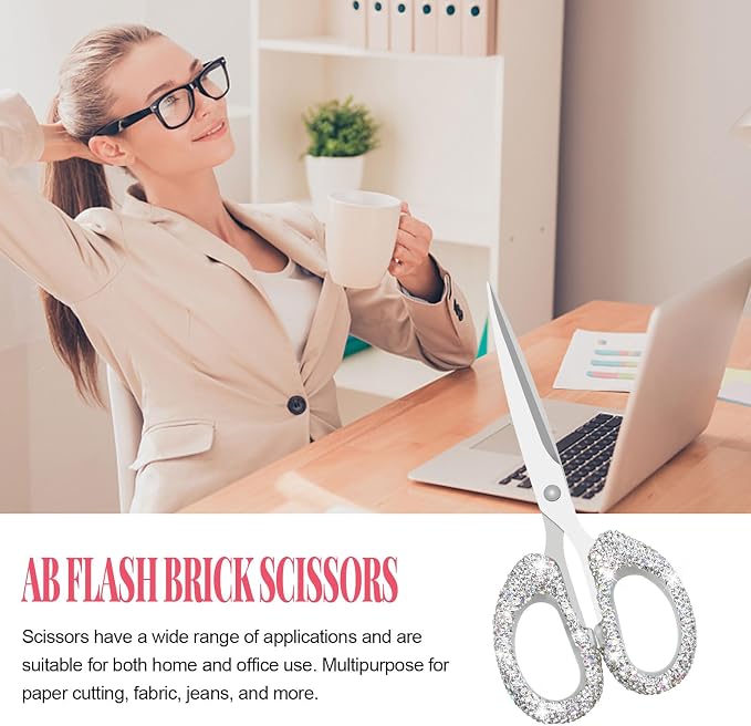Koqye 6.3-Inch Rhinestone Scissors - Stainless Steel Cute Scissors for Office, Home & Crafting, Decorative Bling Handle Paper Cutting Tool (White)