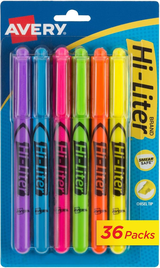 Avery® Hi-Liter® Pen-Style Highlighters, Smear Safe Ink, Chisel Tip, 6 Assorted Color per Pack, 216 Highlighters Total (36 Packs of 23585)