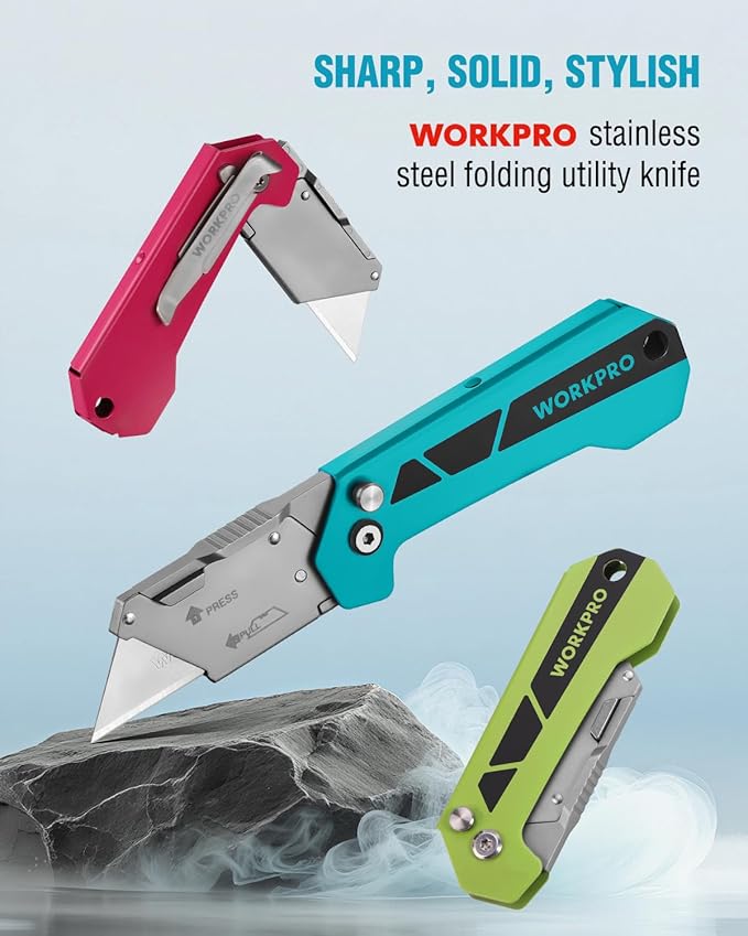 WORKPRO Box Cutter, Utility Knife Quick Change Blade Razor Knife, Folding Pocket Knife with Belt Clip and Axis Lock, 10 Extra Blades Included, Blue