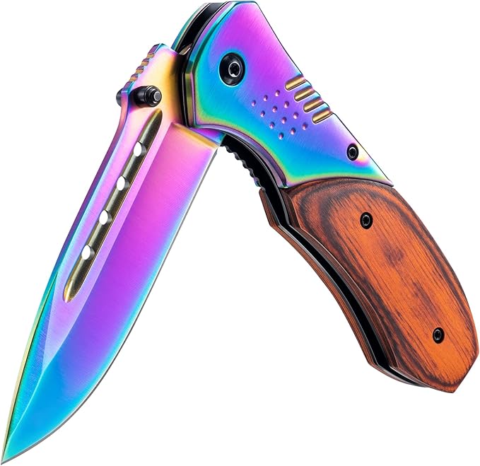 Pocket Knife for Men - Sharp Blade Wood Handle Pocket Folding Knives with Clip, Glass Breaker - EDC Knives for Survival Camping Fishing Hiking Women, Large, Rainbow
