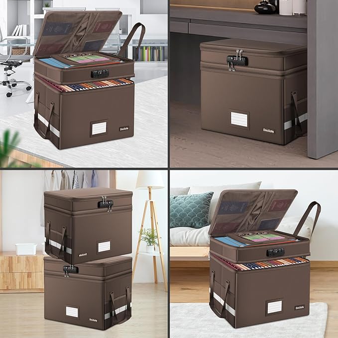 DocSafe File Box with Lock,Multi-Layer Fireproof Document Box Collapsible File Storage Organizer with Pockets/Handle,Large Portable Home Office Filing Box for Hanging Letter/Legal Size Folders,Brown