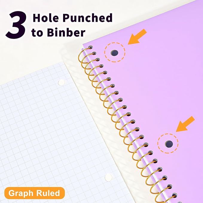 Spiral Notebook Graph Ruled Paper 8" x 10 1/2", 1 Subject Spiral Grid Notebook 3-Hole Punched Perforated Page Ideal for School, Office, Writing, 95 Sheets Lined Journaling Graphing Notebook, Purple