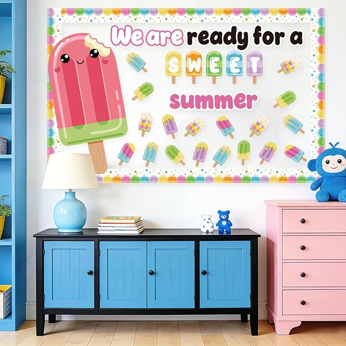 49Pcs Summer Bulletin Board Decorations Set, Popsicle Classroom Door Decoration, We are Ready for A Sweet Summer Ice Pop Paper Cutouts for Back to School Office Chalkboard Home Wall Decor