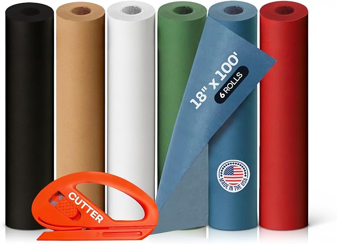 Assorted Colors Kraft Paper with Cutter, Set of 6 Rolls 18" x 1200"(100 ft) | USA-Made Natural Multi-Color Paper for Gift Wrapping, Kids' Arts & Crafts, School & DIY Projects by IDL Packaging