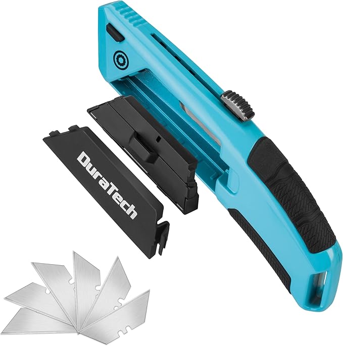 DURATECH Auto-Loading Utility Knife, Heavy Duty Retractable Box Cutter with 6 Preloaded SK5 Blades, Quick-Change Razor Knife with Comfortable Handle for Cardboard, Carpet, Rope, DIY