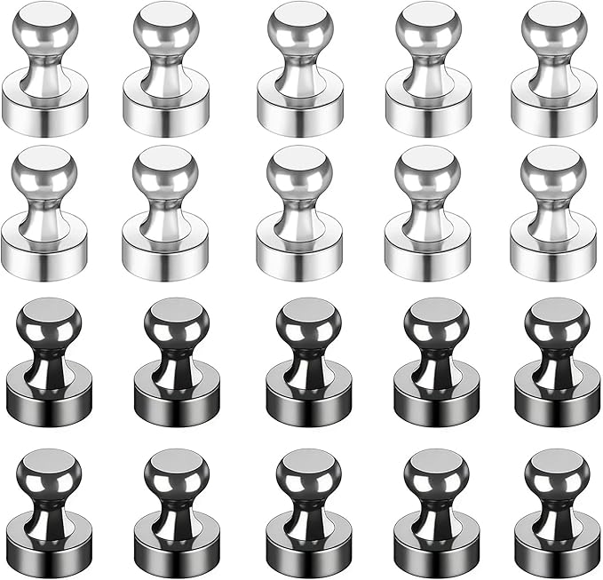 Strong Fridge Magnets, 12 x 16mm, Black-10 Pcs, Silver-10 Pcs, Heavy Duty Magnetic Push Pins for Refrigerator, Whiteboard, Office, Classroom, Kitchen & Locker Decor