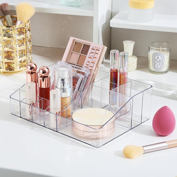 Vtopmart Clear Plastic Devided Makeup Organizer Tray | Cosmetic Storage, For Dresser Countertop and Bathroom Vanity, Beauty Holder for Lipstick Brush Skincare