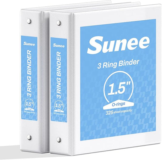 SUNEE 3 Ring Binder 1.5 Inch 2 Pack, Clear View Three Ring PVC-Free (Fit 8.5x11 Inches) for School or Office Supplies, White