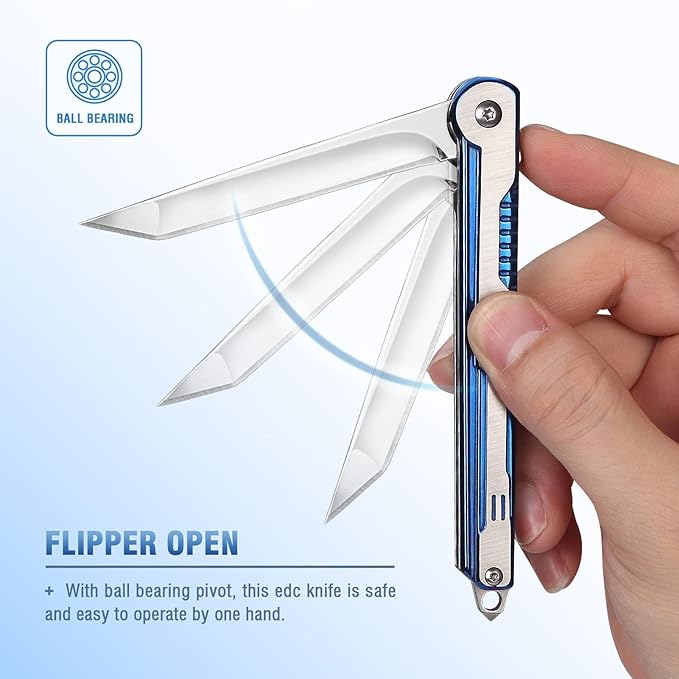 EDC Pocket Knife for Womens, Tanto Folding Knives with 7CR13Mov Stainless Steel Blade, Cool Survival Knife with Clip, Window Breaker, Flipper Open and Liner Lock for Outdoor Camping (Blue)