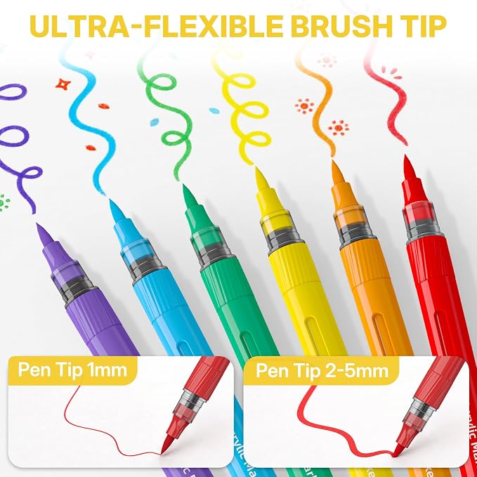 WUO 84 Colors Acrylic Paint Markers Brush Tip with Automatic Ink Control | Water-based, no-bleed, waterproof acrylic paint pens for rock, wood, canvas, glass, ceramic, fabric and DIY crafts