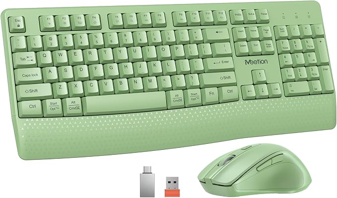 MEETION Wireless Keyboard and Mouse Combo, Full-Size with Wrist Rest, Green | 2.4GHz USB receiver, 3 adjustable DPI mouse, comfortable typing, compatible with Windows, Mac, PCs and laptops
