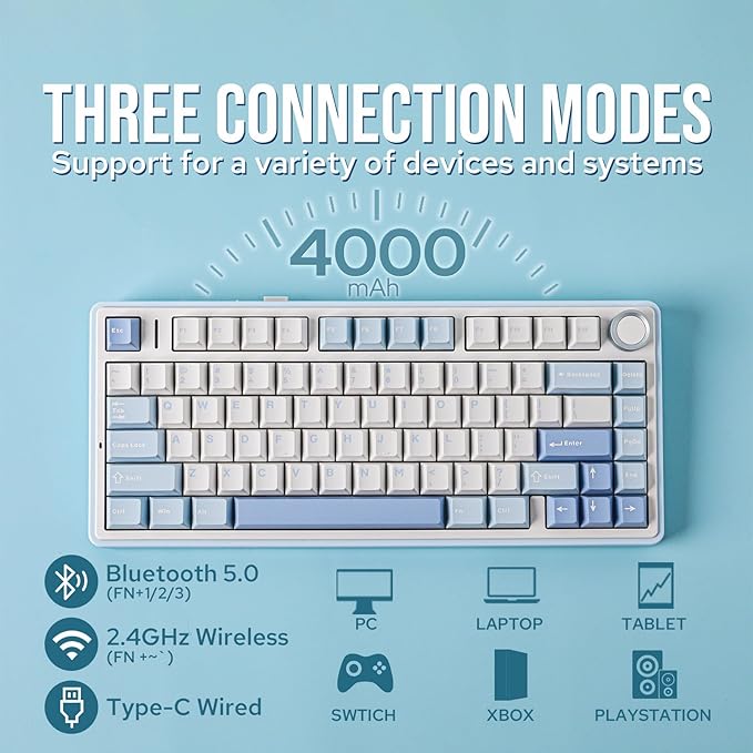 EPOMAKER x Aula F75 Gasket Mechanical Keyboard, 75% Wireless Hot Swappable Gaming Keyboard with Five-Layer Padding&Knob, BT/2.4GHz/USB-C, RGB (Sea Salt Blue, Ice Vein Switch)