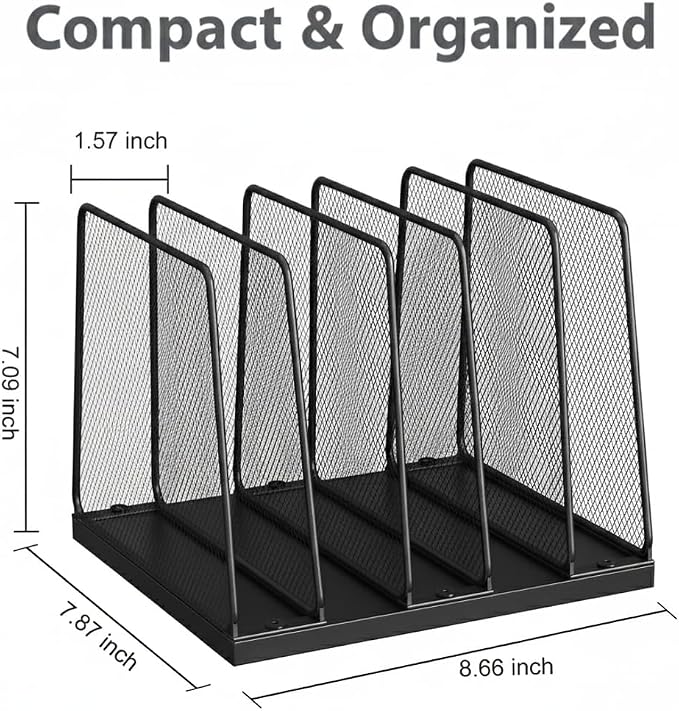 5-Section Vertical File Organizer for Desk, Sturdy Wood Base & Metal Mesh Desktop File Holder, Upright Paper Folder Sorter for Office Supplies（Black）