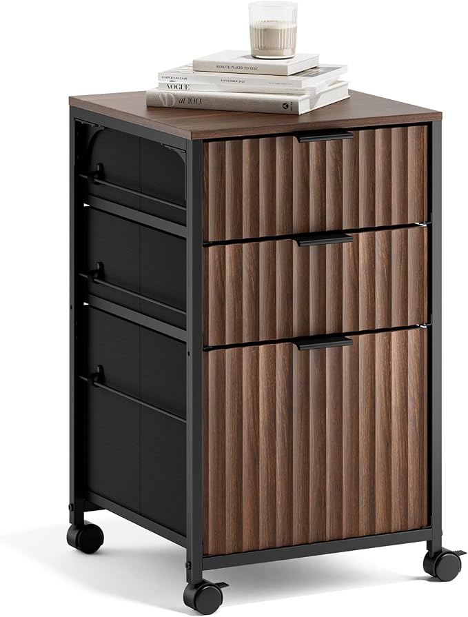 VINGLI 3 Drawer Fluted File Cabinet, Rolling File Cabinet Mobile Under Desk File Cabinet with Wheels, Fabric Drawers Printer Stand for Home Office, Fits Letter Size, Walnut