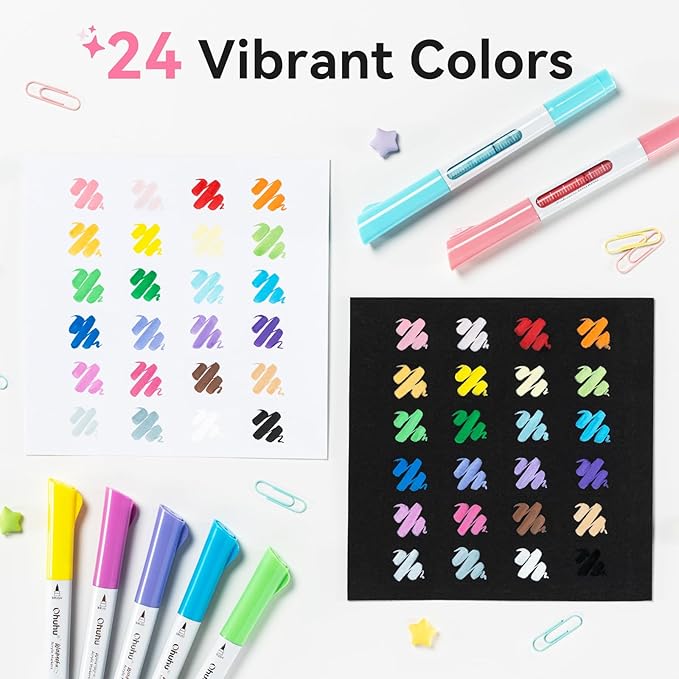 Ohuhu Acrylic Paint Markers Dual Tips 24 Colors Brush & Bullet Automatic Ink Control Acrylic Markers High Opacity Paint Pens Waterproof for Rock Painting 3D Prints Easter Egg Wood DIY Crafts - Waimoku