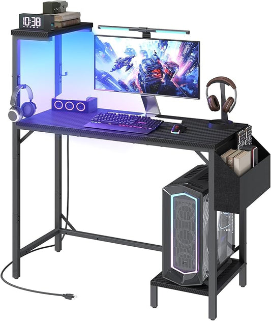 Gaming Desk, Computer Desk with Charging Station and LED Light, Small PC Desk with Side Storage Bag and Shelves, 2 Hooks, for Living Room, Home Office, Bedroom Black CDHS134E01