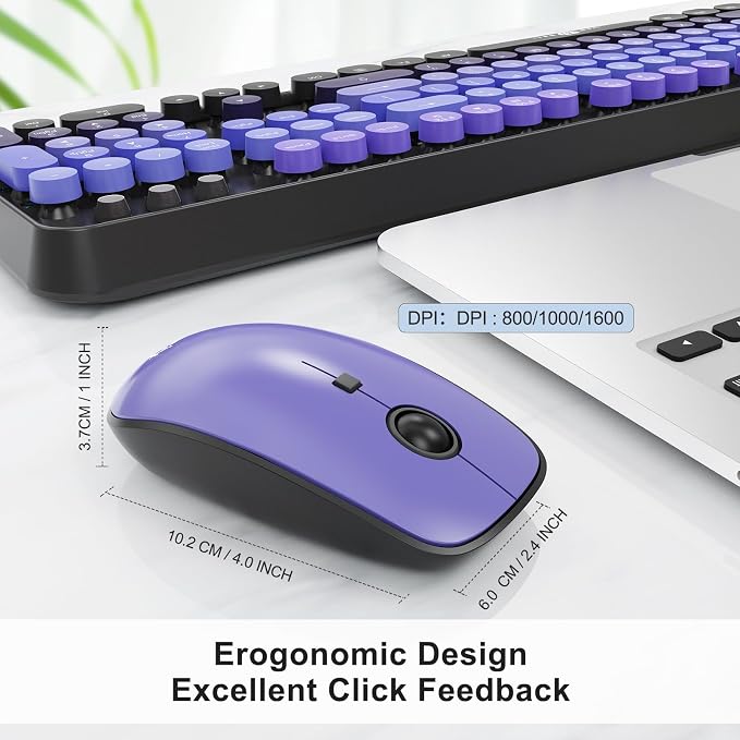 Wireless Keyboard and Mouse Combo, 104 Round Keys Cute Colorful Keyboard and Mouse with Retro Typewriter for PC Mac Laptop Tablet Computer Windows Black Purple