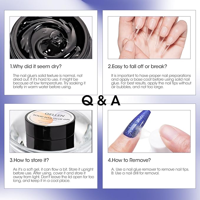 Gellen Solid Gel Nail Glue with 60ml Nail Glue Remover Set, 15g Solid Nail Gel for False Nail Tips & Press On Nails