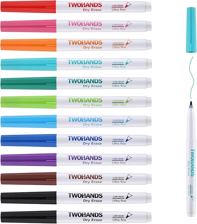 TWOHANDS Dry Erase Markers Fine Tip,Ultra fine Extra Fine Point 0.7mm,Low Odor,11 Assorted Colors,Whiteboard Markers for Office,Home,or Planning Whiteboard,12 Count,20581