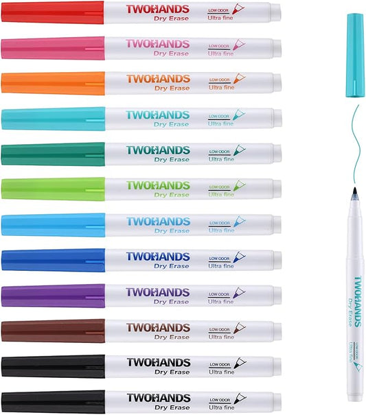 TWOHANDS Dry Erase Markers Fine Tip,Ultra fine Extra Fine Point 0.7mm,Low Odor,11 Assorted Colors,Whiteboard Markers for Office,Home,or Planning Whiteboard,12 Count,20581