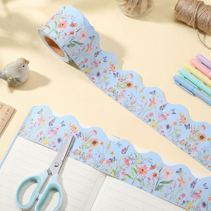 32.8 Ft Blue Wildflower Bulletin Board Borders Scalloped Trim | Pastel Floral for Classroom Decor, Fiesta Party Trim, Summer Office Walls, Scalloped Edge for Display Boards