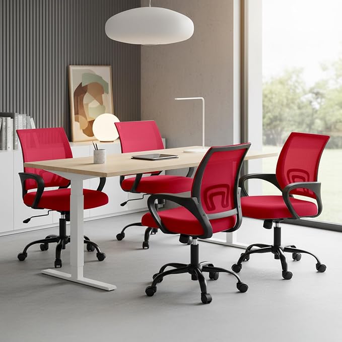 DUMOS Office Chair, Ergonomic Home Desk Mesh Chair, Lumbar Support | Mid Back Mesh, Height Adjustable Fixed Armrest, Rocking Mode 360 Swivel Computer Gaming, Red