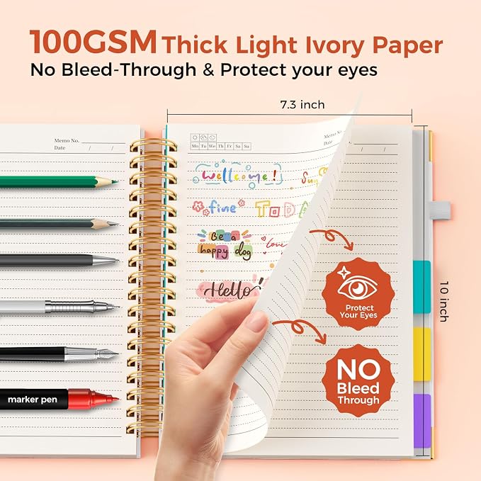 Line Hardcover Spiral Notebook with Removable Dividers Tabs & Ruler, 5 Subject Notebook College Ruled, 300 Page, Large 8"x10" B5 Notebooks for Work School, Lined Journal for Women & Men, White