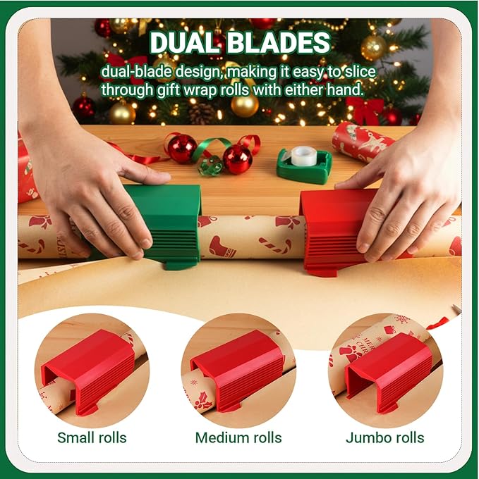 2PC Wrapping Paper Cutter Set | Gift Wrap Cutter Dual Blade Desktop Paper Roll Trimmer for Small Medium Jumbo Rolls | Wrapping Paper Roll Cutting Tool | Gift Wrap Gadgets for Crafts