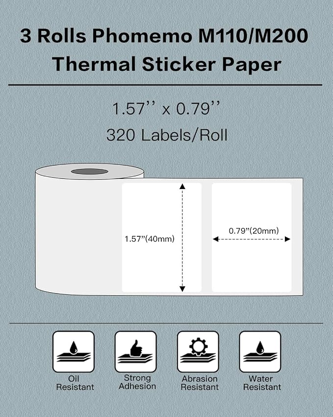 Phomemo Labels- 3 Rolls M110 Label Thermal Paper for M110/M220/M221/M120/M200, 1.57'' x 0.79'' (40x20mm)- Multipurpose Square Self-Adhesive Label, 320 Labels/Roll | Square 40x20mm Waterproof Thermal Sticker Labels Use for Barcode, Logo,Listing, Busines...