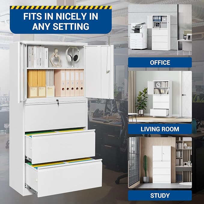 Fesbos 3 Drawers Metal Lateral File Cabinet with Lockable Drawer and Dorrs - White Large Steel Filing Cabinet for Home Office Hanging Files Letter/Legal/F4/A4 Size