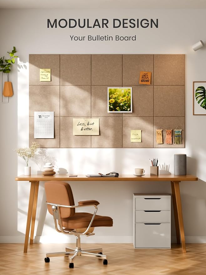 Bumusty 48" x 36" Large Cork Board Alternative, Taupe | 12-Pack Felt Bulletin Board Tiles, 60 Adhesive Tabs, 30 Pushpins, Home, Office, Classroom, Vision Board