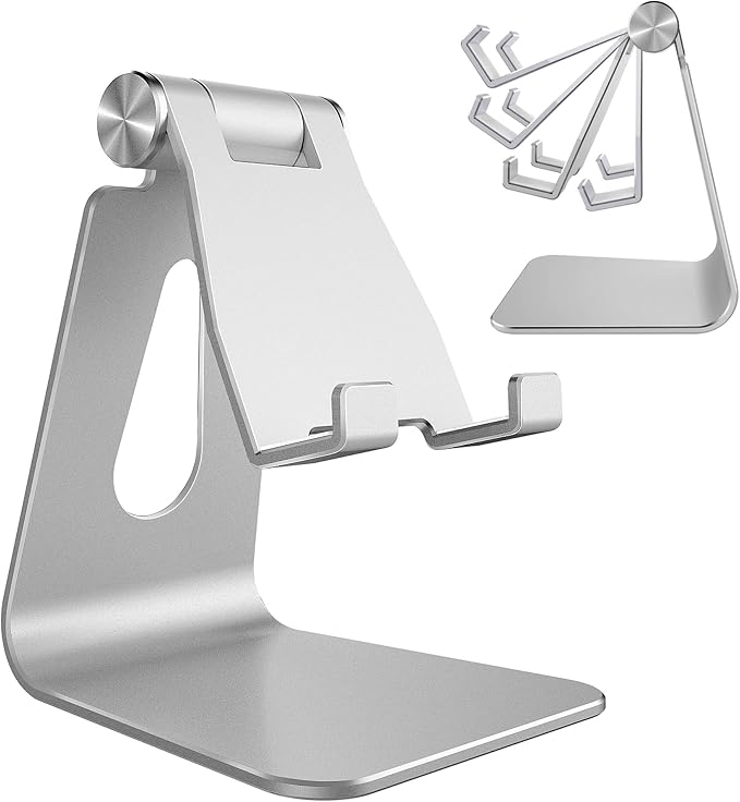 CreaDream Aluminum Cell Phone Stand, Adjustable Phone Holder for Desk | Adjustable Viewing Angle, Desktop Stand, Stable Base, Fits iPhone 17 16 15 14 13 Pro Max, Desk Accessories, Sliver