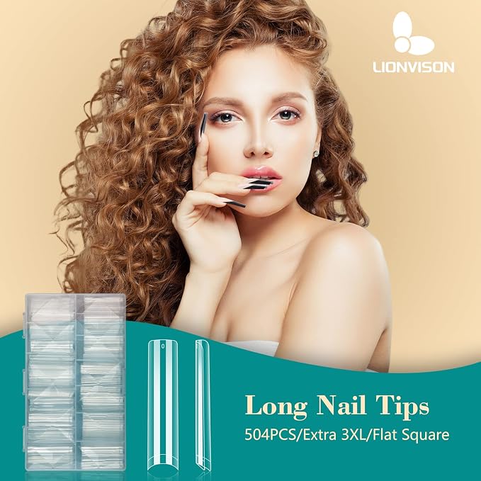 LIONVISON 3XL Square Nail Tips: No C Curve Flat Nails Tips for Home DIY | No C Curve Half Cover Extra Long False Nails Tip Fake Nail Extension for Beginners - 12 Sizes Fit Most Nail Beds