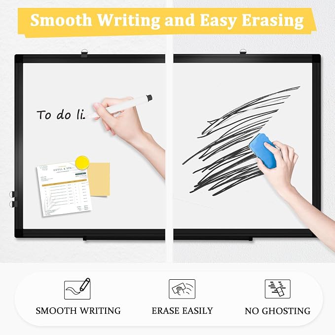 Double-Sided Magnetic Black Aluminum Frame Whiteboard, 24" x 18" | White Board for Wall, Hanging Mounting White Board Dry Erase Board Marker Board for Kitchen, Memo, School, Home, Office
