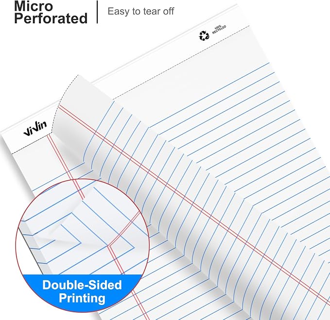 ViVin 6 Pack Legal Pads 8.5" x 11.75", Wide Ruled Note Pads, 30 Sheet/Pad | Perforated Writing Pads, Notepads for Office Home School, White Paper
