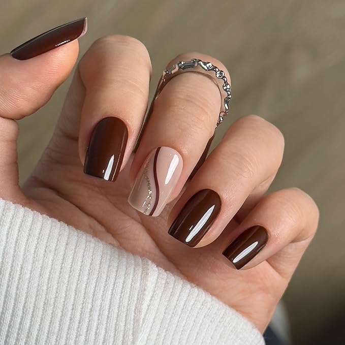 CurvLife Medium Square Press On Nails, Soft Gel Mocha Line Dream Salon Quality Fake Nails, Brown Nude Minimalist Design, Reusable Full Cover Press Ons for Women