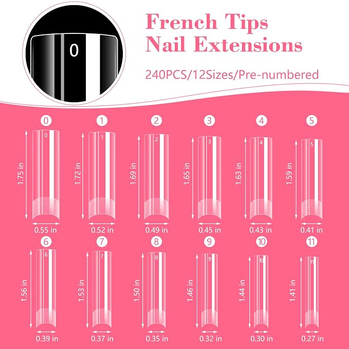 LIONVISON XL Square Nail Tips: NO C Curve for Acrylic Nails Professional | 240PCS Clear Long Straight Flat Pre-Shaped Half Cover False Nails French Tips for Nail Salon Home DIY - 12 Sizes
