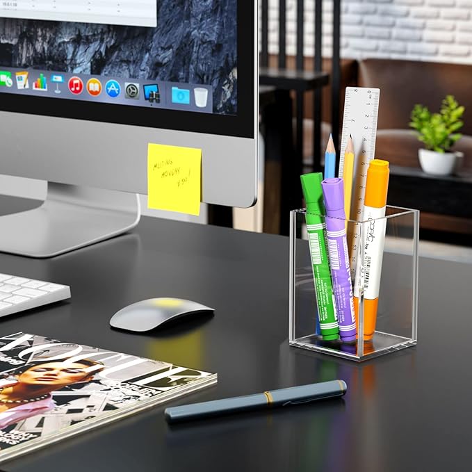 NIUBEE Acrylic Pen Holder for Desk, Clear Pencil Cup Organizer 2 Packs | Acrylic clear acrylic pen holder, durable transparent design organizes stationery and makeup tools for students and workers
