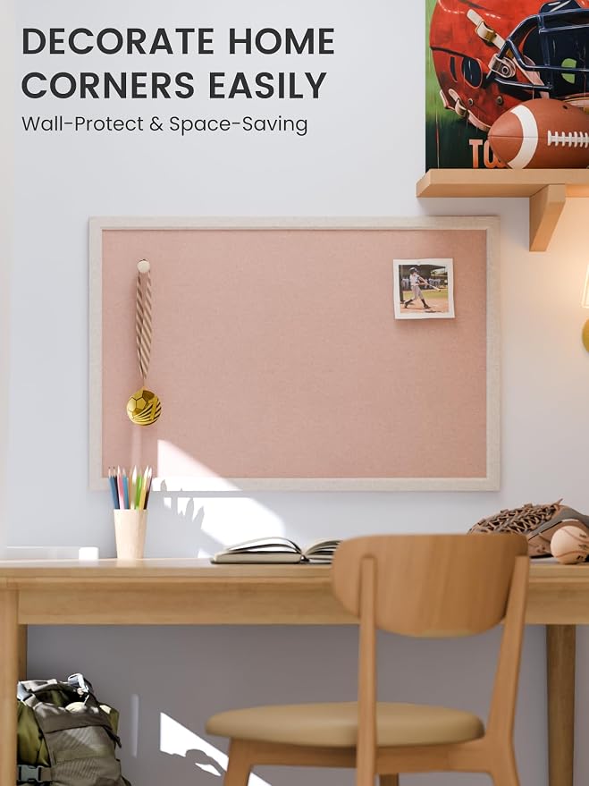 Fluxynara 35.4" x 23.6" Felt Frame Bulletin Board, Pink | Cork Board Alternative with 24 Removable Adhesive Tabs, Foldable Pin Board for Wall, Home, Office, Classroom & Dorm