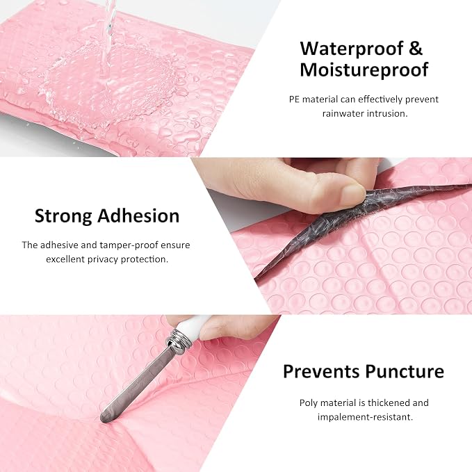 Famagic Bubble Mailers 4x8 Inch 50pc Light Pink Shipping Bags, Chic Packaging Bags For Small Business, Colored Padded Mailing Envelopes, Opaque Matte Self Seal Bubble Poly Mailers Bulk #000