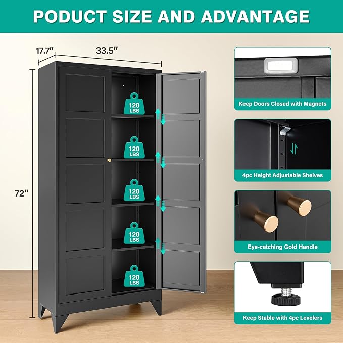 Wide & Deep Metal Storage Cabinets with 2 Doors and 5 Shelves,Tall Storage Cabinet,Large Cupboard Closet,Pantry Storage Cabinet for Home,Kitchen,Dining/Living Room (Black, 72" H)