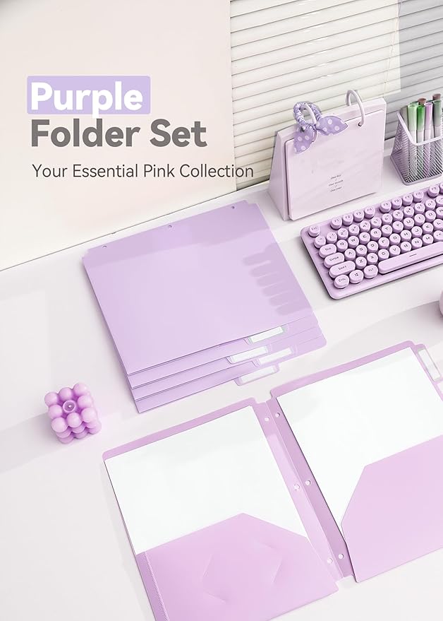 Plastic Folders with Pockets 3 Hole Punched, 6 Pack Purple Pocket Folders for 3 Ring Binder, Unique 1/3 Cut Tabs with Colorful Labels, Letter Size