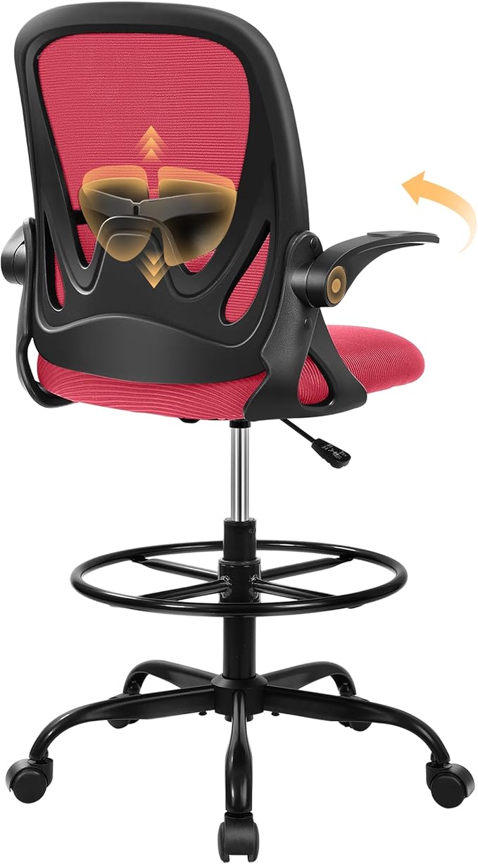 Drafting Chair Tall Office Chair with Flip-up Armrests Executive Ergonomic Computer Standing Desk Chair with Lumbar Support and Adjustable Footrest Ring (Fire Brick)