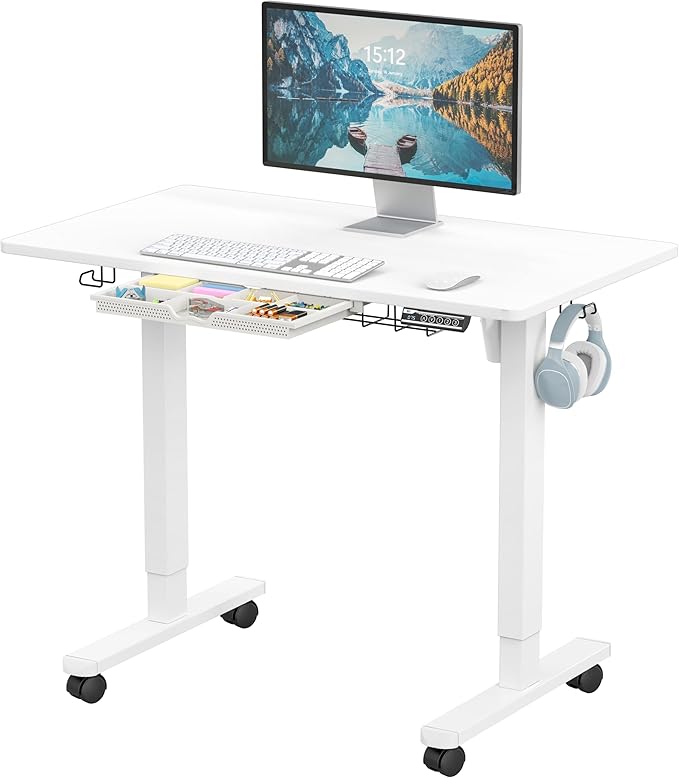 SHW 40-Inch Mobile Electric Height Adjustable Sit to Stand Desk with Drawer, Hanging Hooks and Cable Management, White