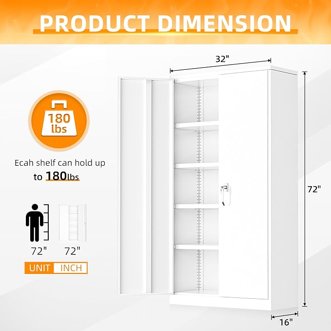 White Metal Storage Cabinet, 72" Locking Steel Cabinets with 2 Door and 4 Adjustable Shelves, Tall Metal Cabinet for Home Office, Garage, Warehouse
