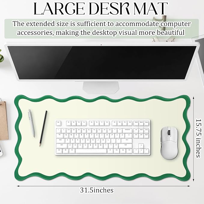 Hahafelt Scalloped Desk Mat Waterproof,Green,31.5 X 15.8 Inches | Coquette Preppy Style for School Office Makeup Vanity, Nonslip Gaming Desktop Protector with Scalloped Stitched Edge Mat