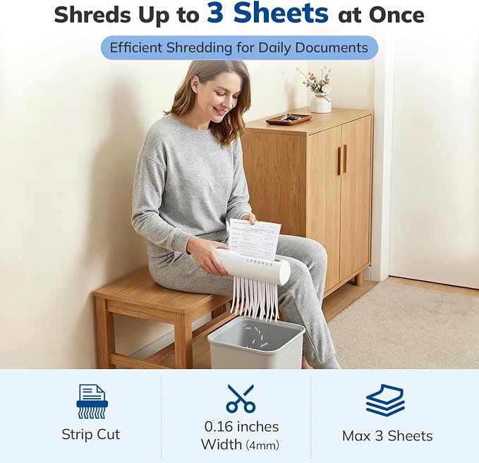 Mini Paper Shredder, Portable Paper Shredder for Home, 3-Sheet Strip Cut 4mm, Compact Paper Shredder with Forward & Reverse and Overheat Protection, Small Shredder for Desk and Home Office (L, White)