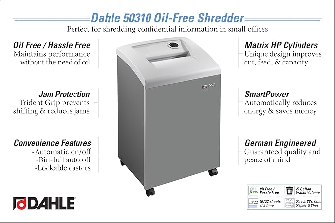 Dahle 50310 Paper Shredder, Cross Cut, P-3 Security, German Engineered, Jam Protection, Oil Free, SmartPower, Shreds CDs, 20 Sheet Max, 23 Gal Bin